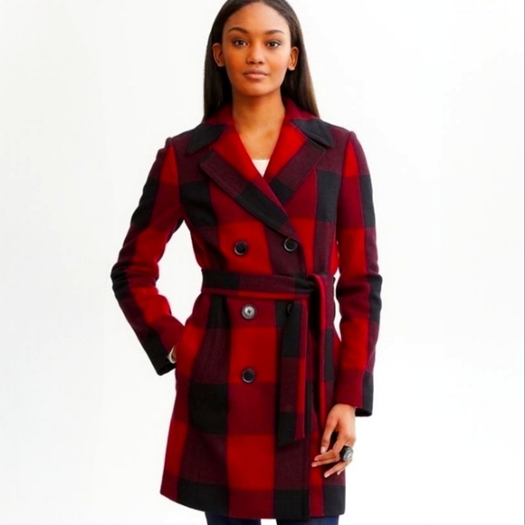 Banana Republic Red Buffalo Plaid Wool Blend Trench Coat XS - Picture 1 of 7